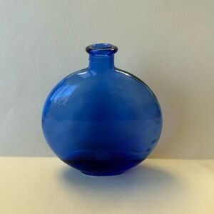 Cobalt Blue Decorative Thin But Bulbous Round Glass Vase Bottle.